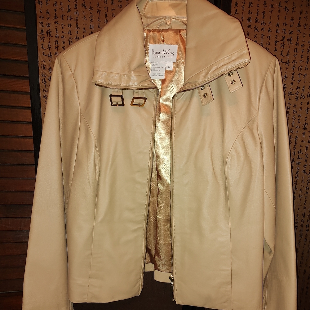 Pamela McCoy Leather jacket 1X lined Tan zippered Motorcycle Riding Coat